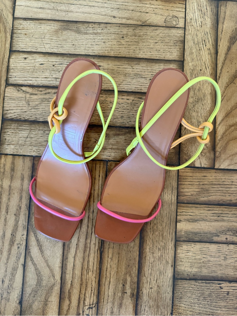 STAUD Women’s Strappy Square-Toe Sandals in Neon Green & Pink